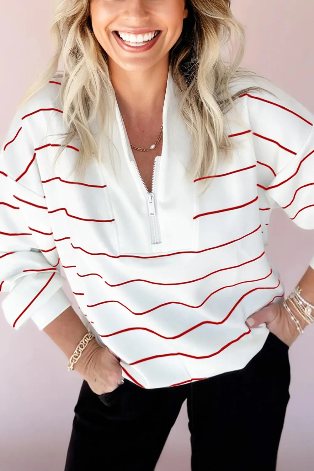 Zip V-Neck Stripe Print Drop Shoulder Long Sleeve Top sold by Beagle Boutique product image thumbnail 3