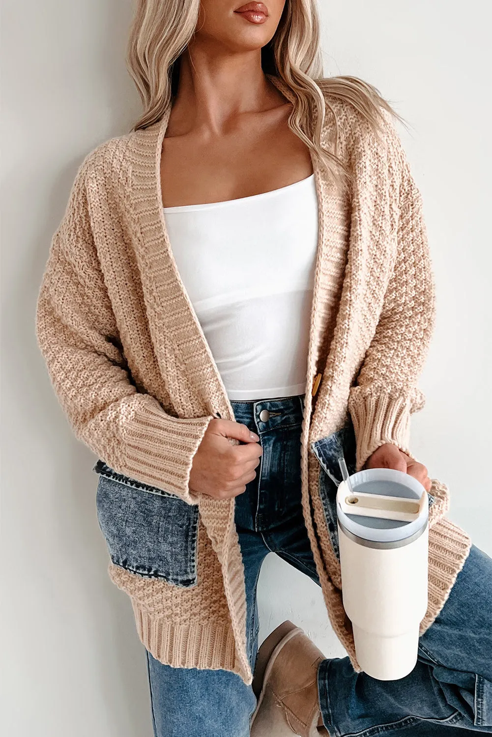 Open Front Knit Cardigan With Denim Pockets sold by Beagle Boutique