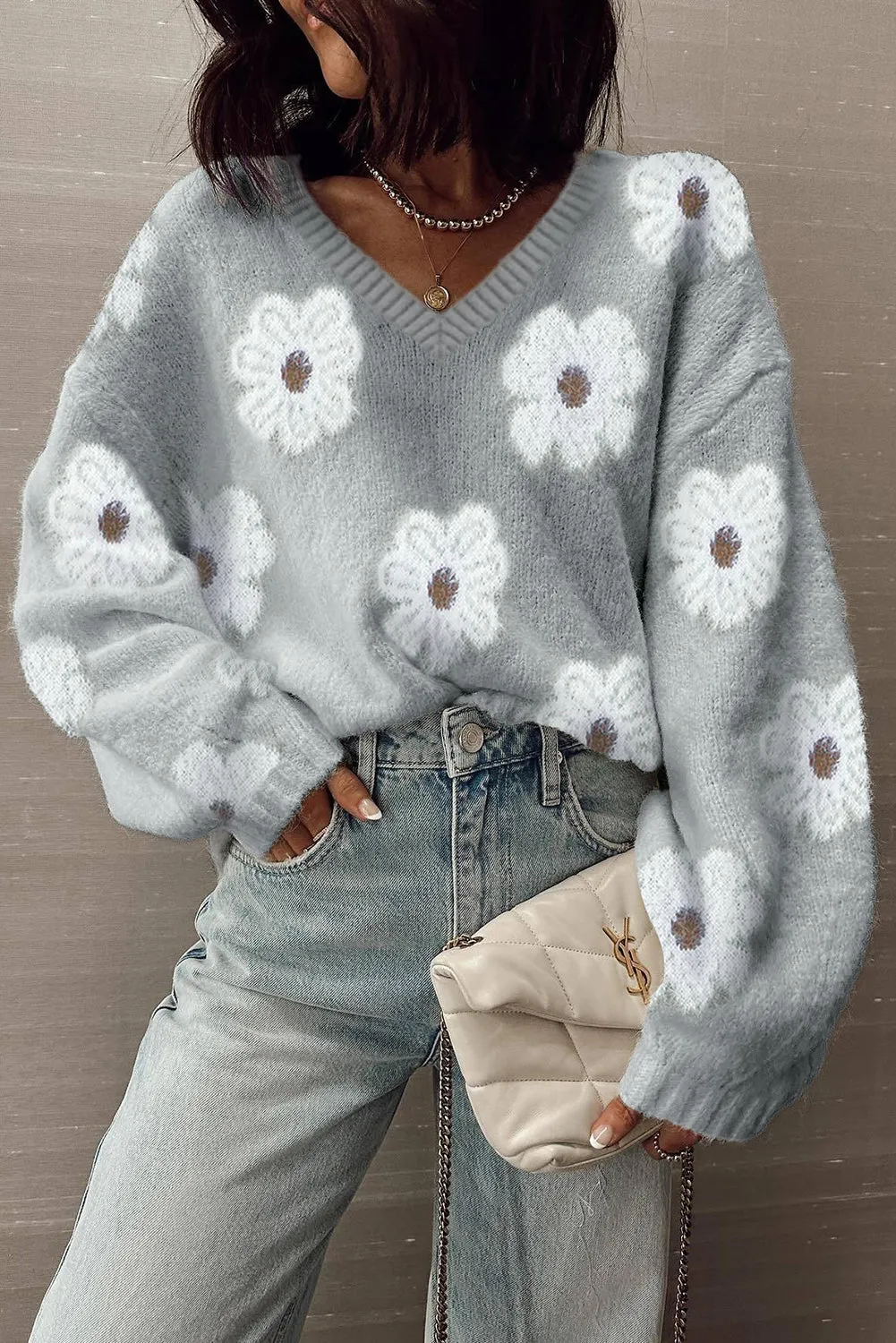 Flower Print V-Neck Drop Shoulder Oversized Sweater sold by Beagle Boutique