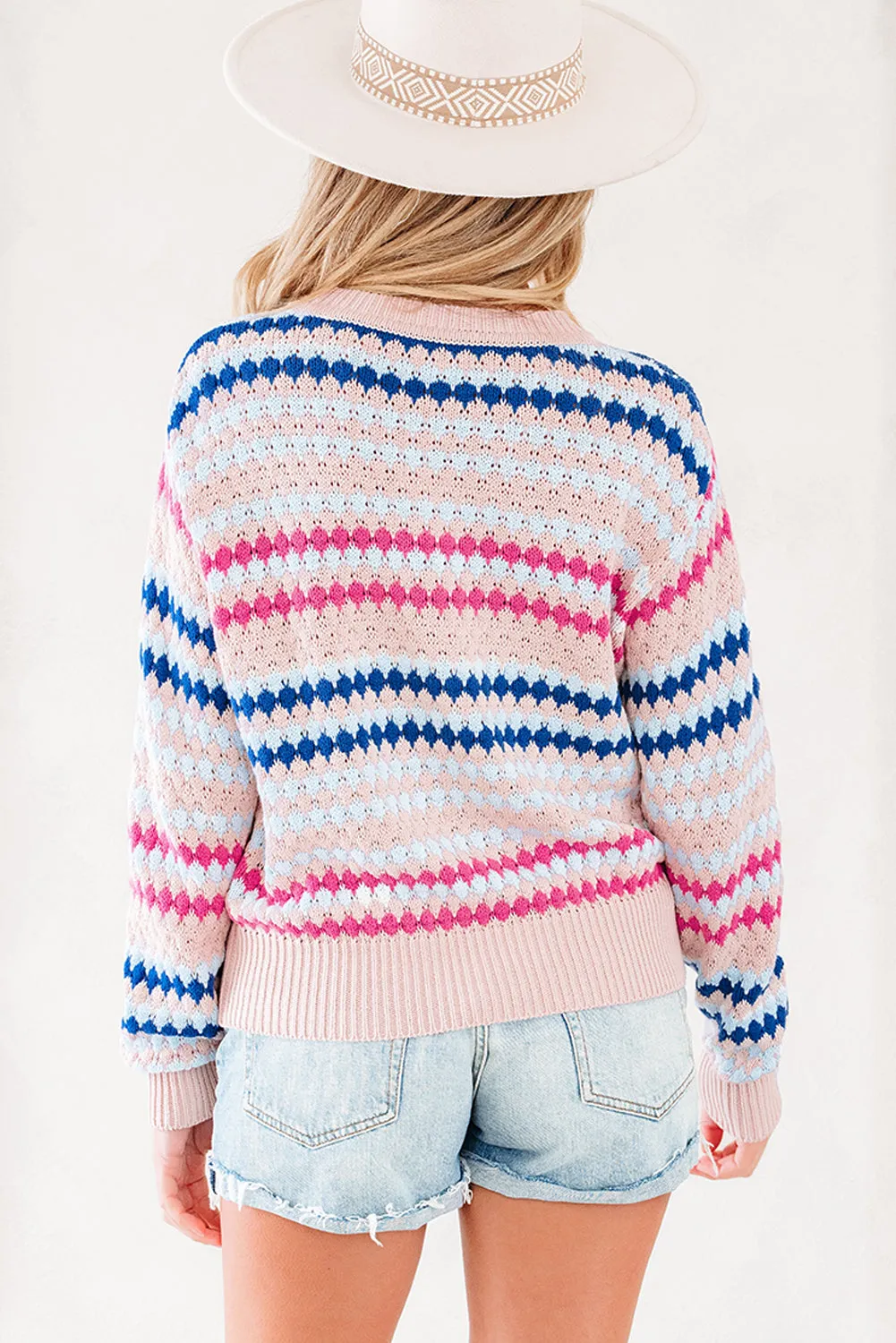 Striped Eyelet Patterned Drop Shoulder Knit Sweater sold by Beagle Boutique product image thumbnail 4