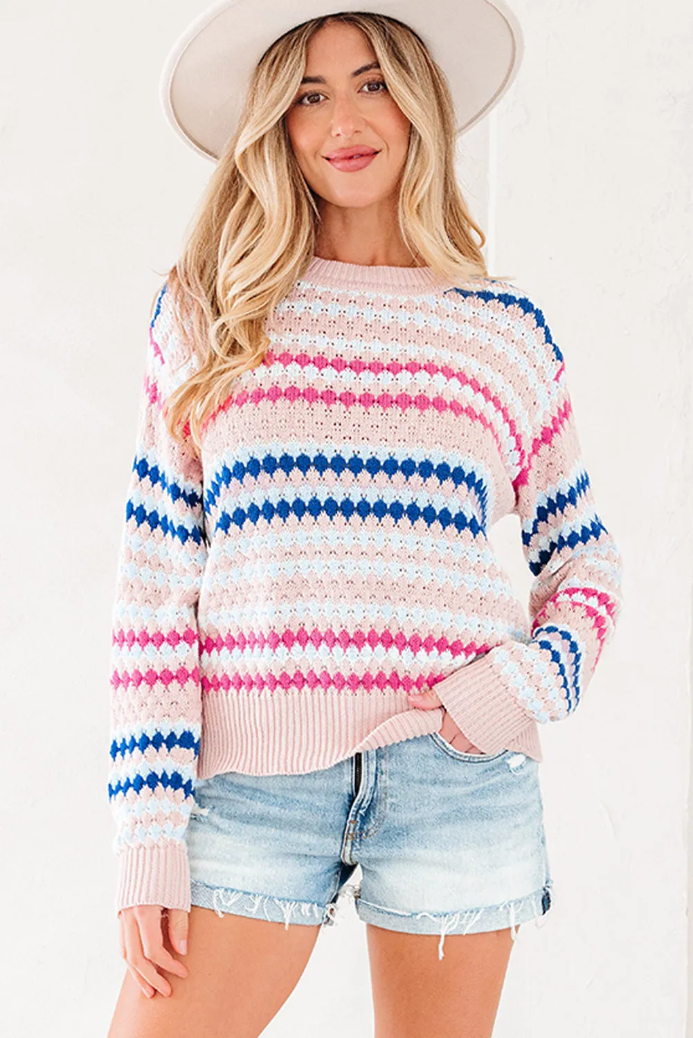 Striped Eyelet Patterned Drop Shoulder Knit Sweater sold by Beagle Boutique product image thumbnail 3