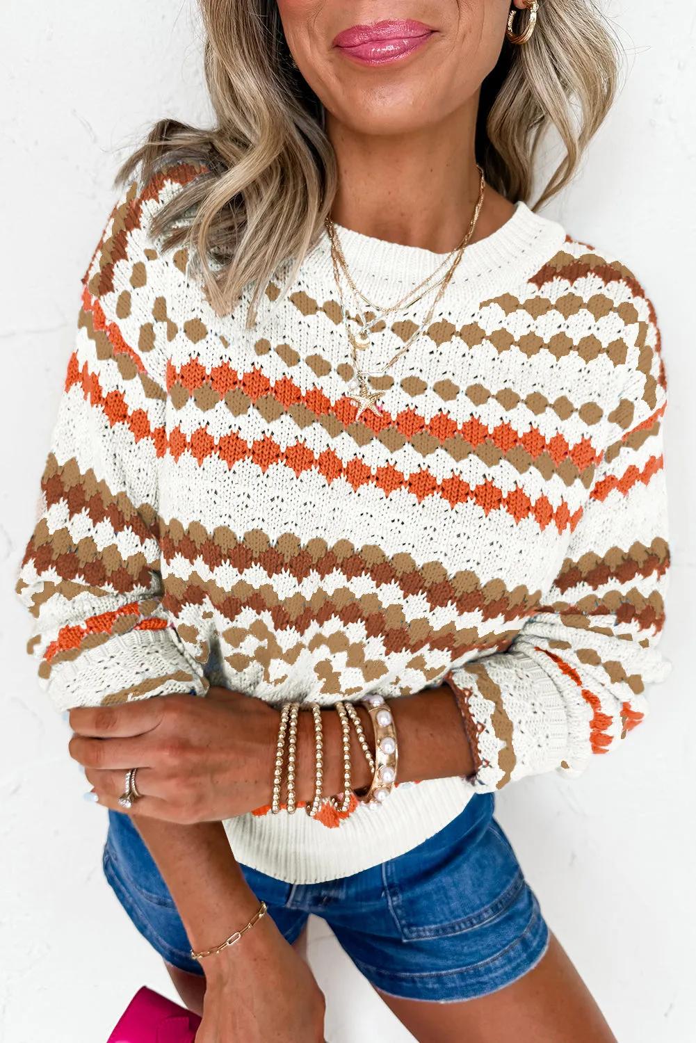Striped Eyelet Patterned Drop Shoulder Knit Sweater sold by Beagle Boutique