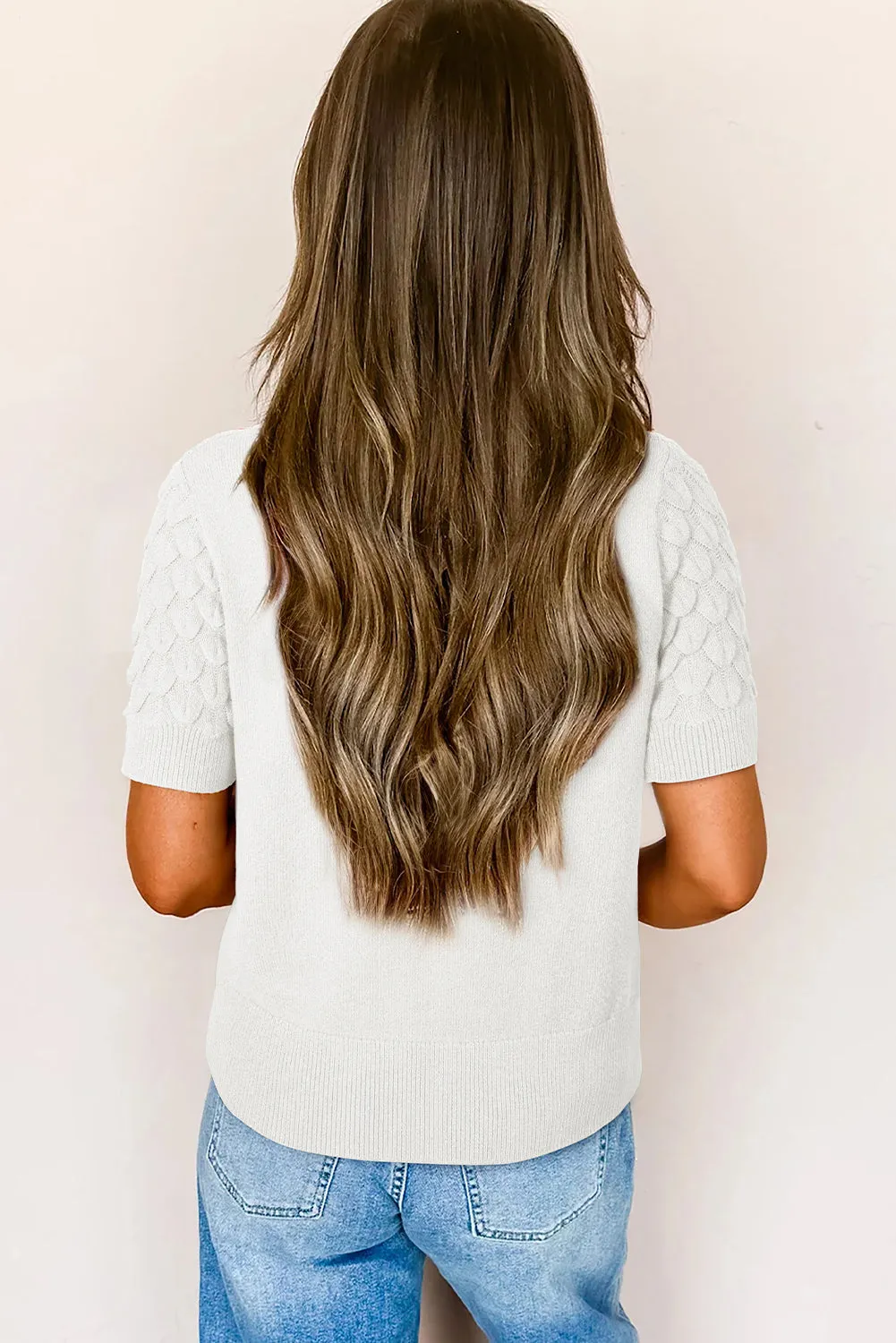 Fish Scale Textured Knit Ribbed High Neck Short Sleeve Sweater sold by Beagle Boutique product image thumbnail 2