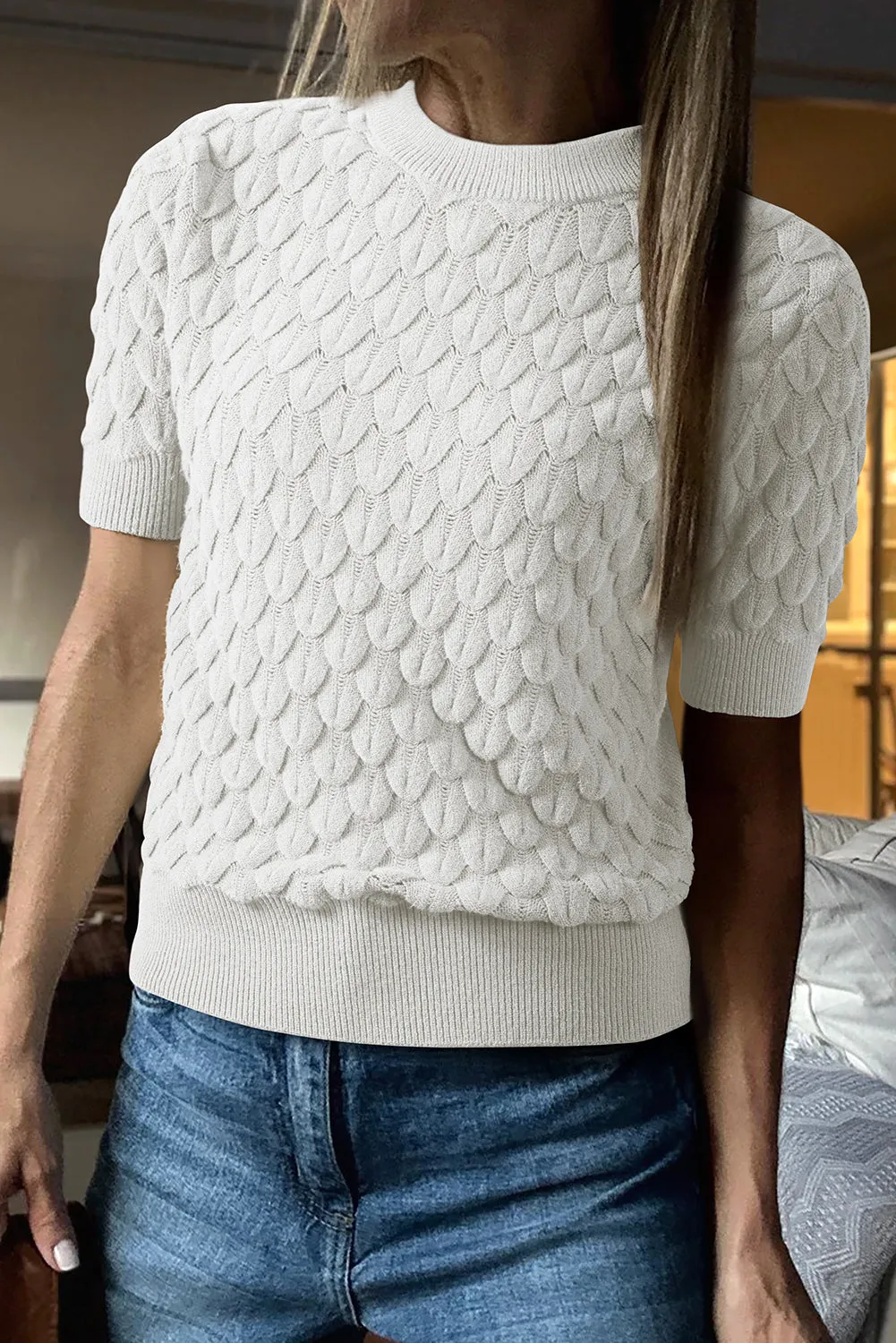 Fish Scale Textured Knit Ribbed High Neck Short Sleeve Sweater sold by Beagle Boutique