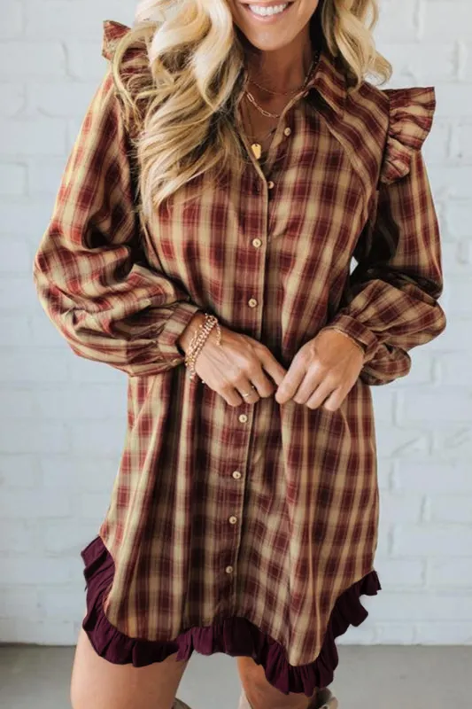 Plaid Print Ruffled Long Sleeve Hem Mini Shirt Dress sold by Beagle Boutique