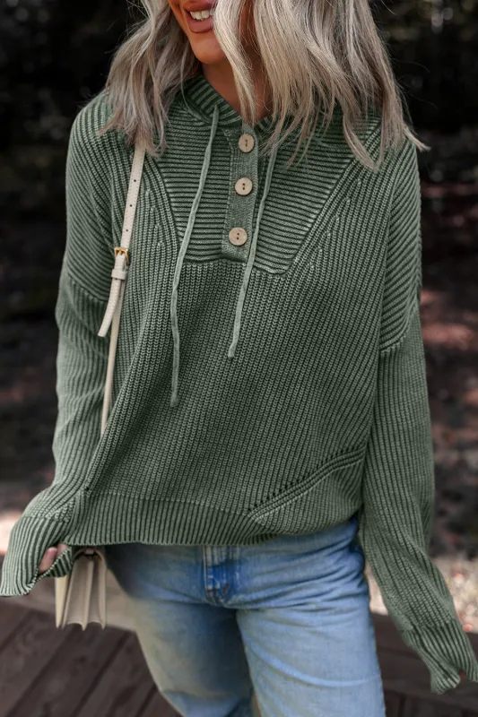 Mineral Wash Ribbed Button Drawstring Neck Hooded Sweater sold by Beagle Boutique