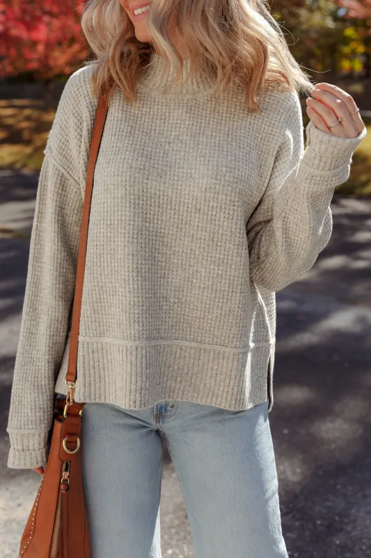 Waffle Texture Knit Ribbed High Neck Drop Shoulder Sweater sold by Beagle Boutique