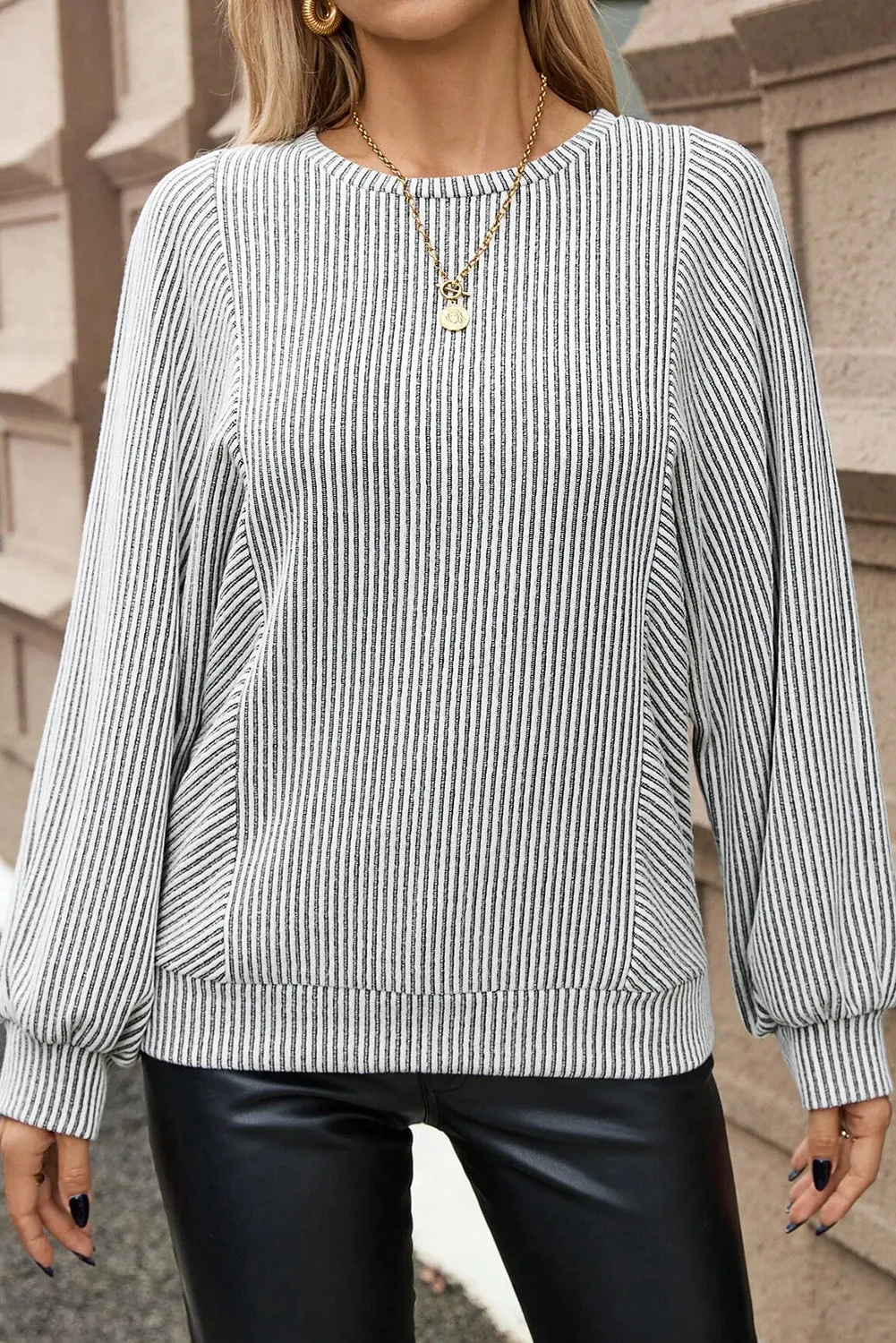 Grey Ribbed Round Neck Long Lantern Sleeve Top sold by Beagle Boutique product image thumbnail 4