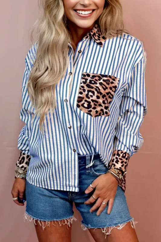 Striped Leopard Print Patchwork Button Up Shirt sold by Beagle Boutique