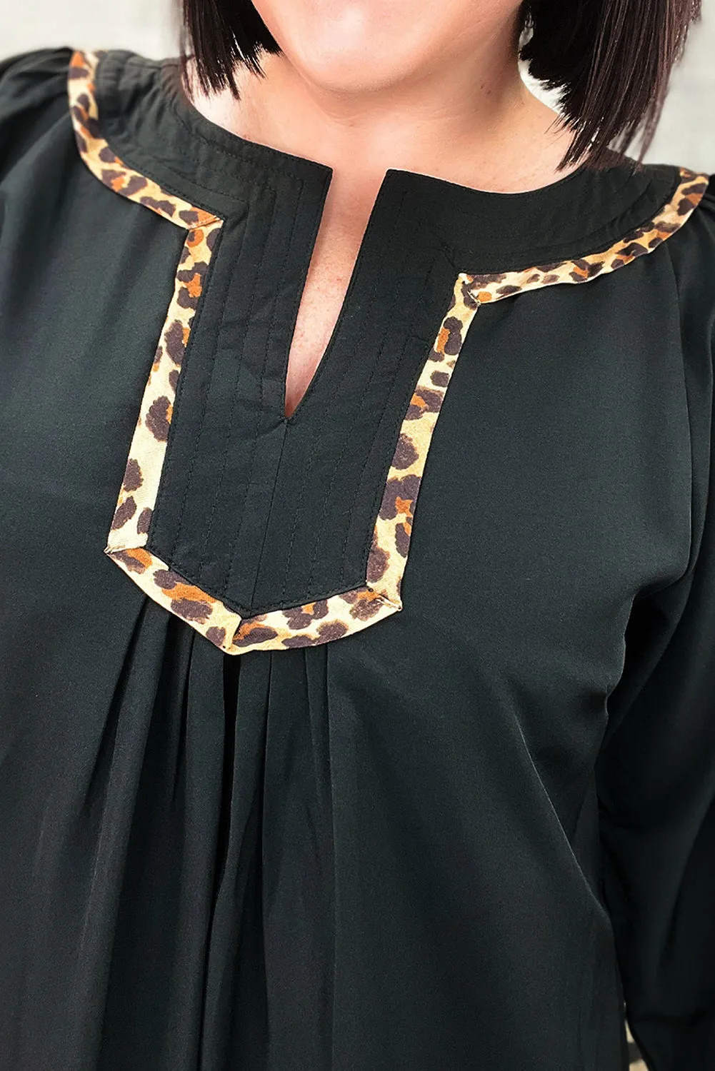 Black Plus Size Notched Neck Leopard Trim Flounce Long Sleeve Shift Dress sold by Beagle Boutique product image thumbnail 4