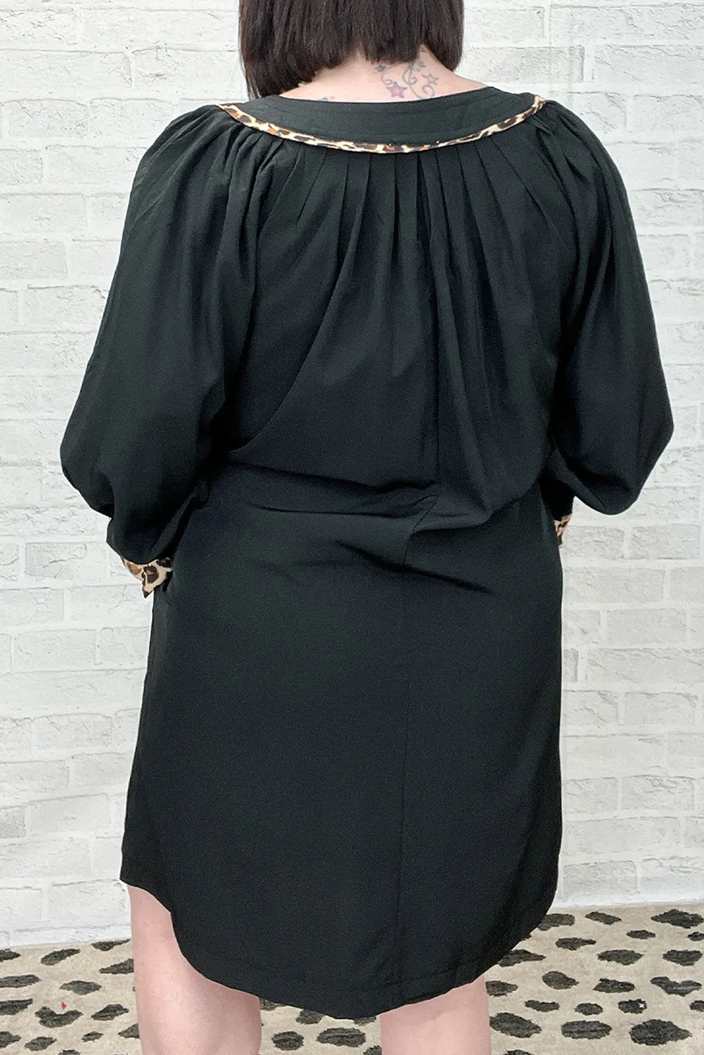 Black Plus Size Notched Neck Leopard Trim Flounce Long Sleeve Shift Dress sold by Beagle Boutique product image thumbnail 2