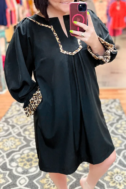 Black Plus Size Notched Neck Leopard Trim Flounce Long Sleeve Shift Dress sold by Beagle Boutique