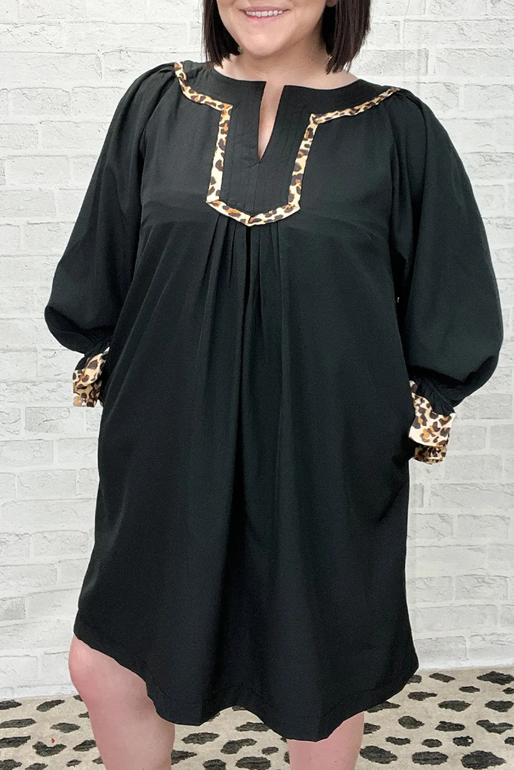 Black Plus Size Notched Neck Leopard Trim Flounce Long Sleeve Shift Dress sold by Beagle Boutique product image thumbnail 3