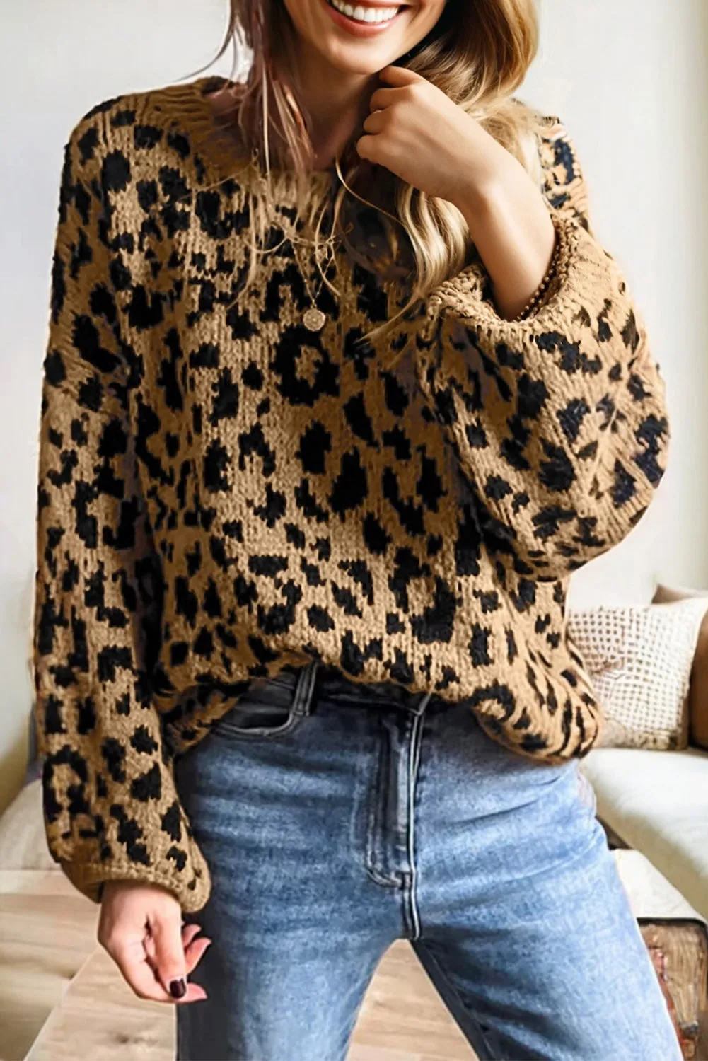 Beige Ribbed Trim Round Neck Leopard Drop Shoulder Sweater sold by Beagle Boutique