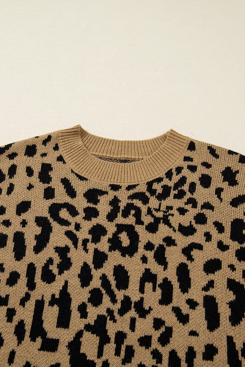 Beige Ribbed Trim Round Neck Leopard Drop Shoulder Sweater sold by Beagle Boutique product image thumbnail 5