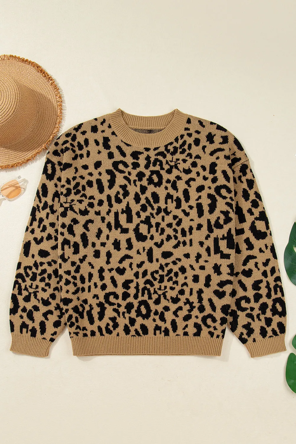 Beige Ribbed Trim Round Neck Leopard Drop Shoulder Sweater sold by Beagle Boutique product image thumbnail 3