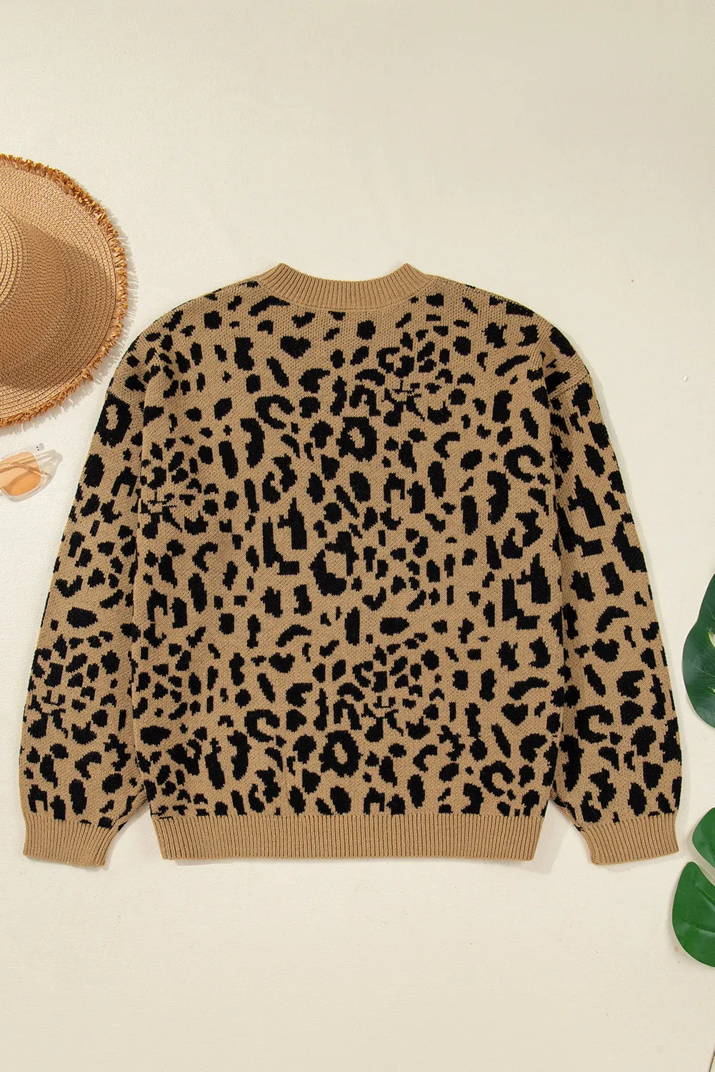 Beige Ribbed Trim Round Neck Leopard Drop Shoulder Sweater sold by Beagle Boutique product image thumbnail 4