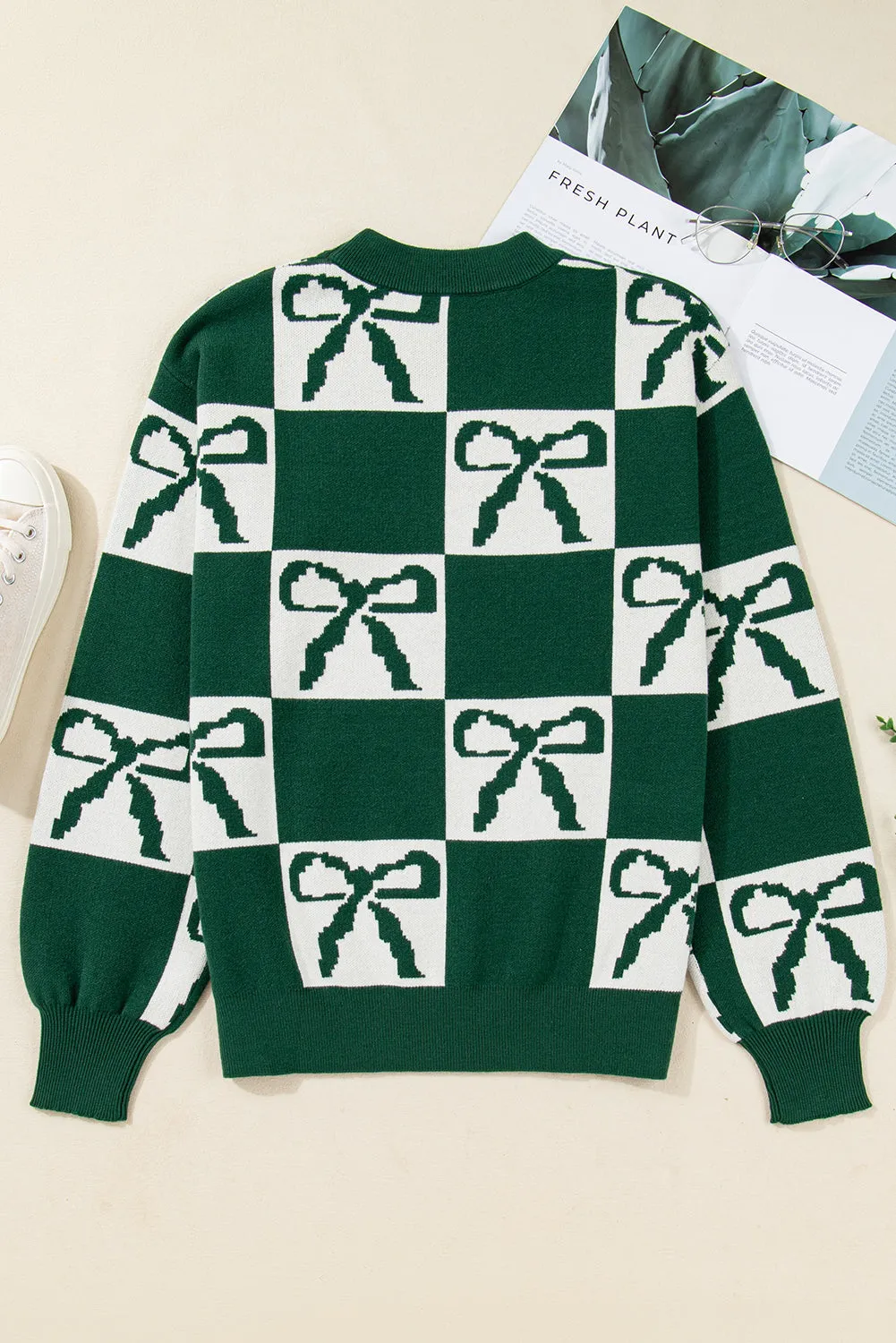 Green Checkered Bow Print Casual Sweater sold by Beagle Boutique product image thumbnail 4