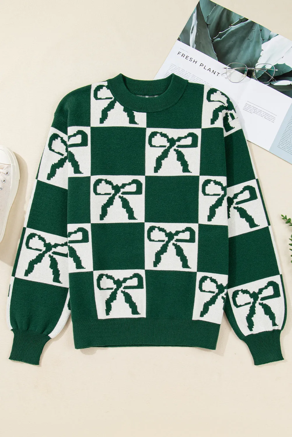 Green Checkered Bow Print Casual Sweater sold by Beagle Boutique product image thumbnail 3