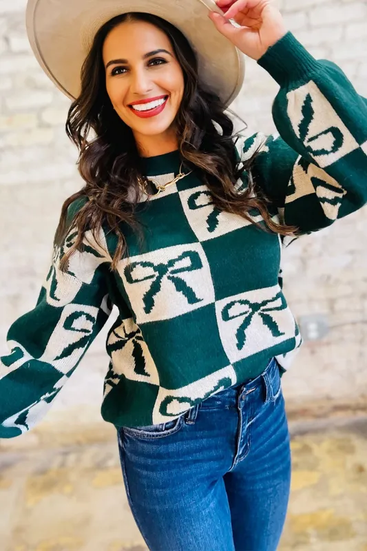 Green Checkered Bow Print Casual Sweater sold by Beagle Boutique