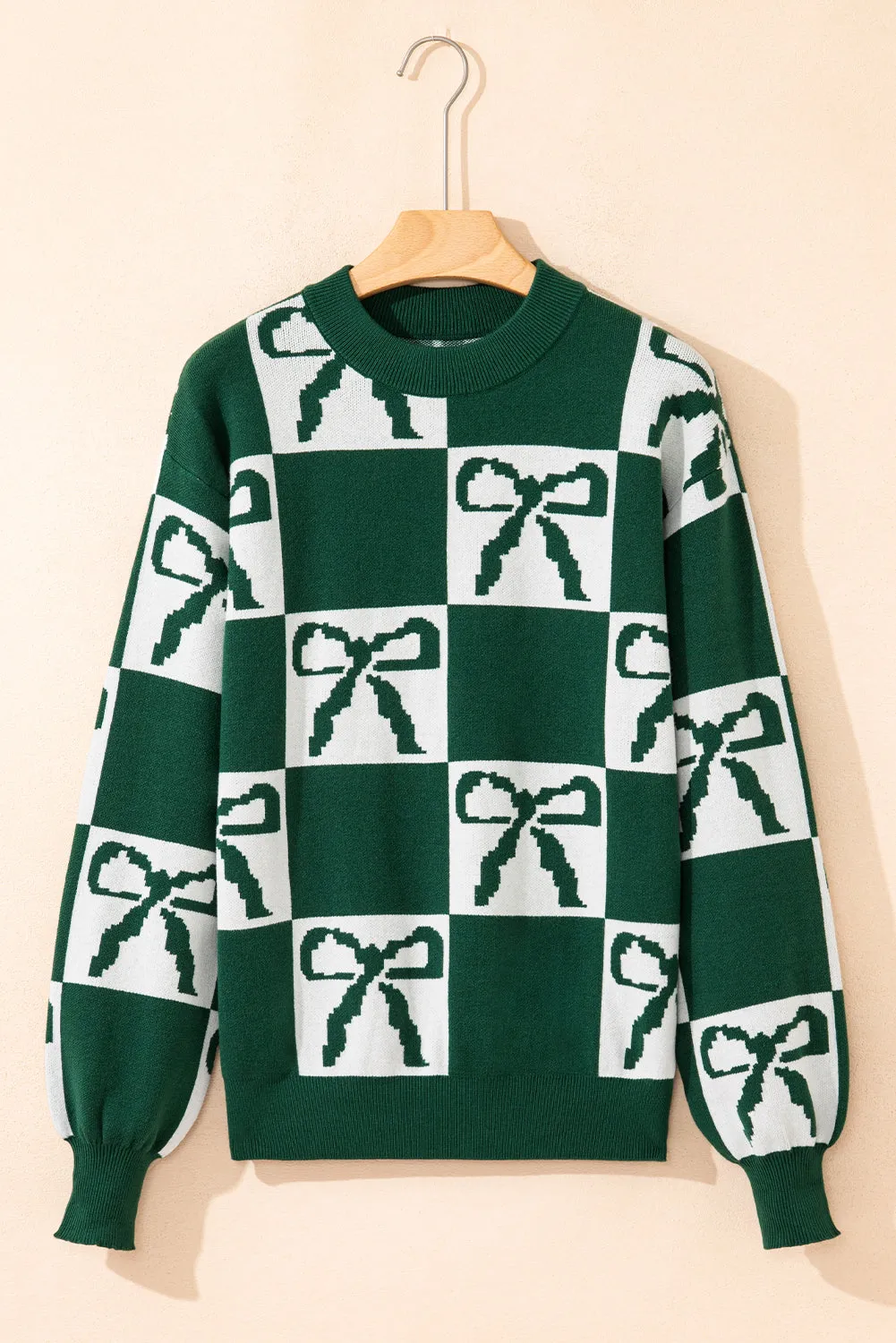 Green Checkered Bow Print Casual Sweater sold by Beagle Boutique product image thumbnail 5