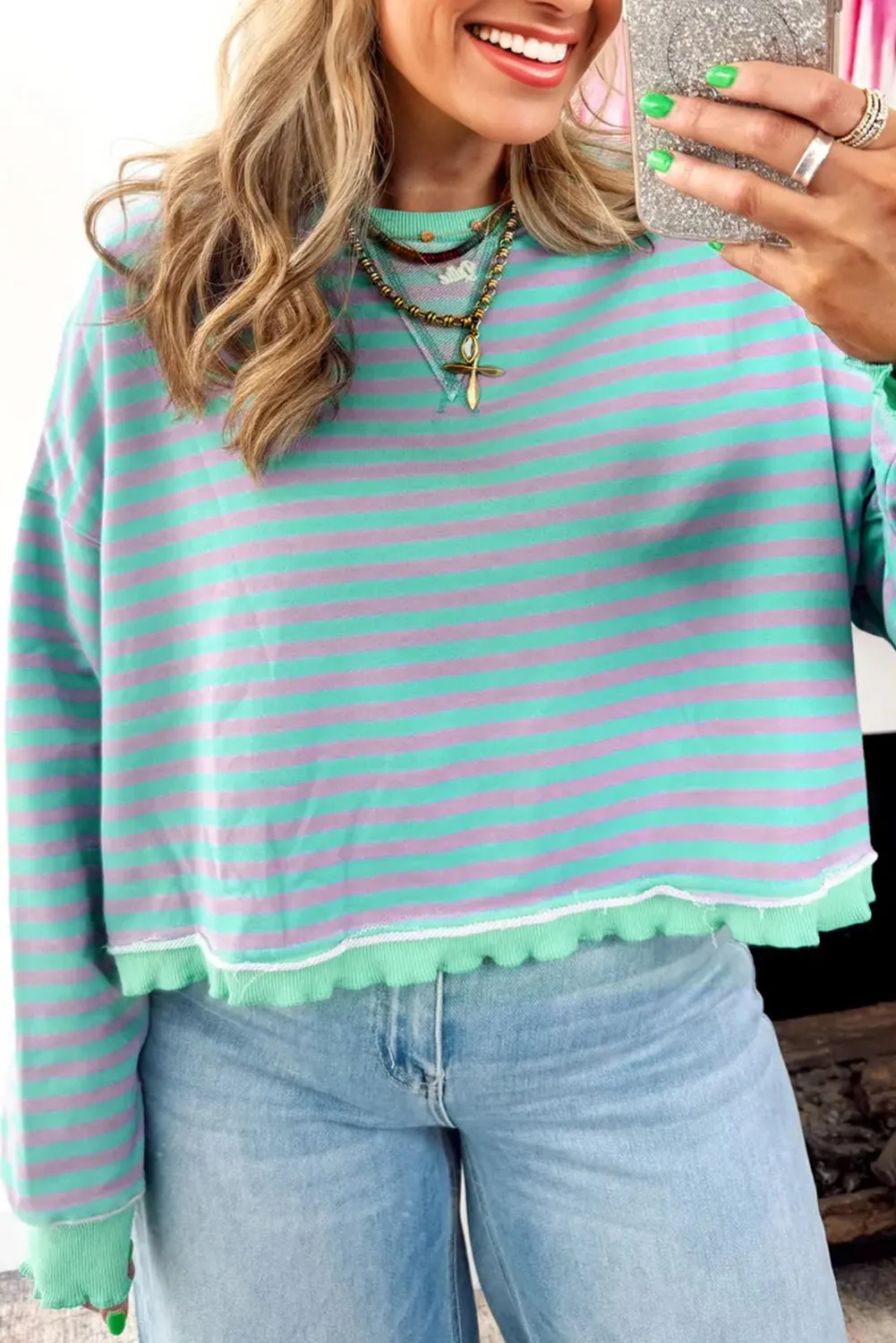 Striped Exposed Seam Contrast Ribbed Trim Boxy Sweatshirt sold by Beagle Boutique