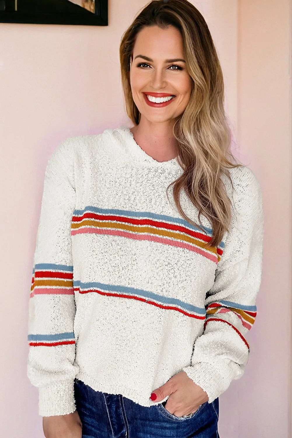 White Multicolored Striped Accent Hooded Popcorn Sweater sold by Beagle Boutique product image thumbnail 3