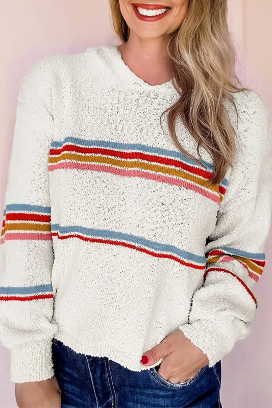 White Multicolored Striped Accent Hooded Popcorn Sweater sold by Beagle Boutique