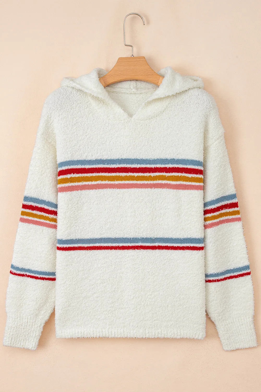 White Multicolored Striped Accent Hooded Popcorn Sweater sold by Beagle Boutique product image thumbnail 4