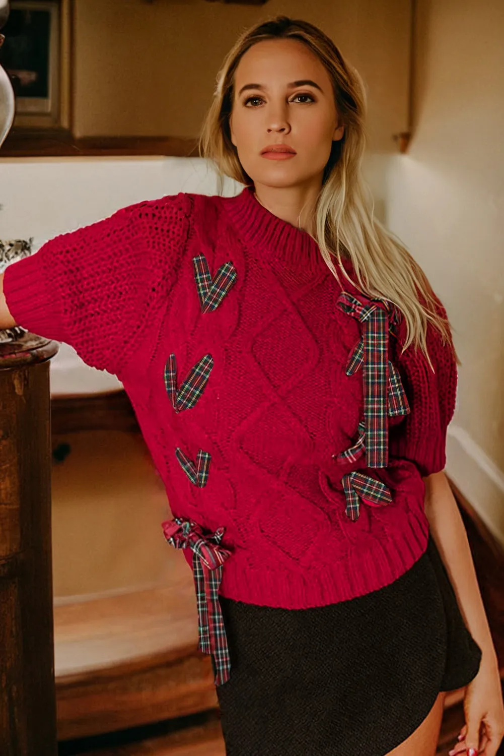 Plaid Lace up Detail Christmas Holiday Puff Short Sleeve Sweater sold by Beagle Boutique product image thumbnail 5