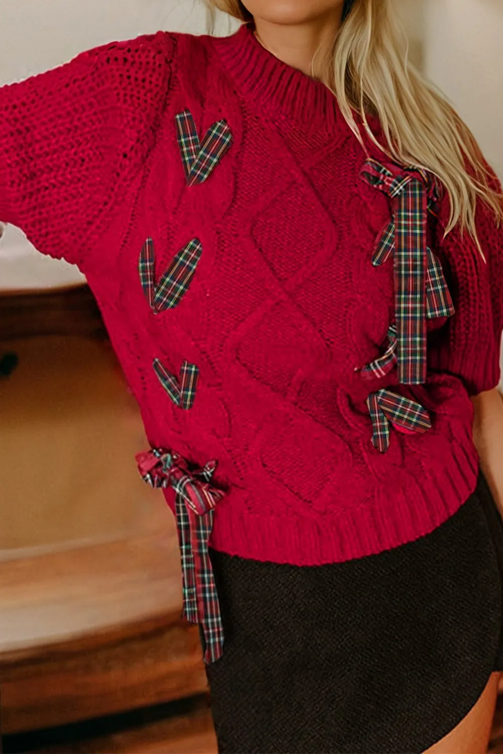 Plaid Lace up Detail Christmas Holiday Puff Short Sleeve Sweater sold by Beagle Boutique product image thumbnail 4