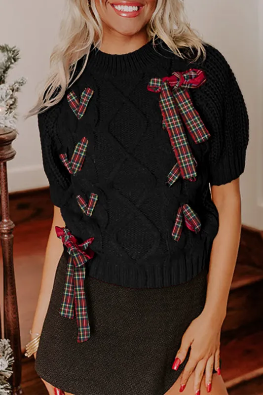 Plaid Lace up Detail Christmas Holiday Puff Short Sleeve Sweater sold by Beagle Boutique