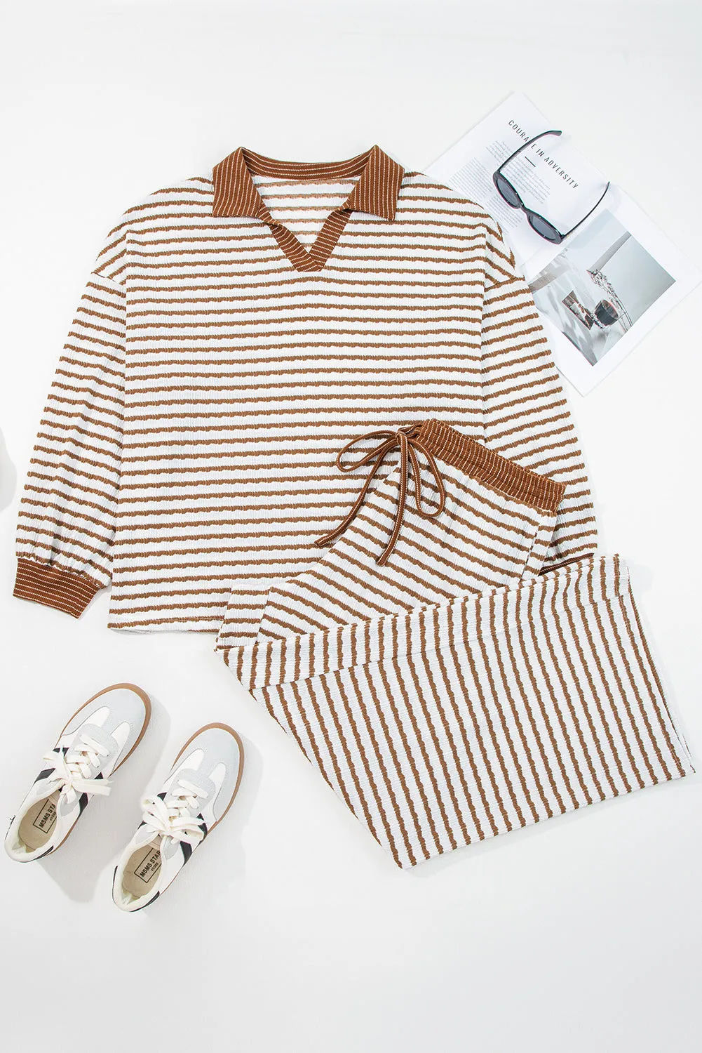 Stripe Plus Size Collared V-Neck Oversized Pullover Drawstring Elastic Waist Wide Leg Pant Co-ord Set sold by Beagle Boutique product image thumbnail 2