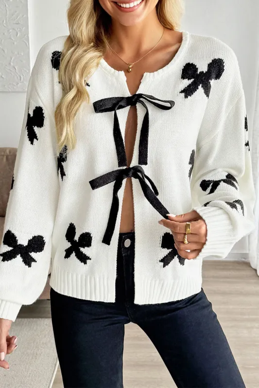 White Lace-up Bow Pattern Sweater Cardigan sold by Beagle Boutique