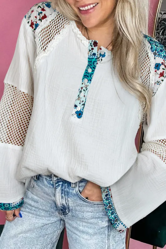 White Mesh Patched Half Button Blouse sold by Beagle Boutique