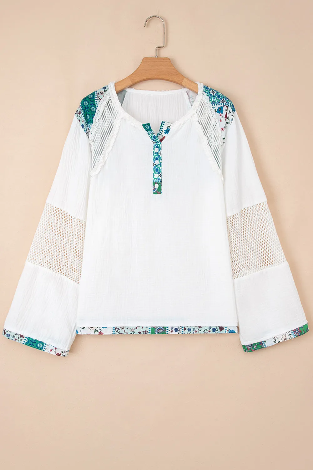 White Mesh Patched Half Button Blouse sold by Beagle Boutique product image thumbnail 4