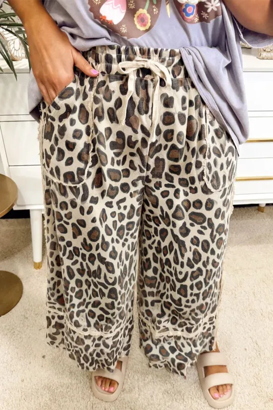 Exposed Seam Patched Pocket Plus Size Drawstring Leopard Wide Leg Pants sold by Beagle Boutique