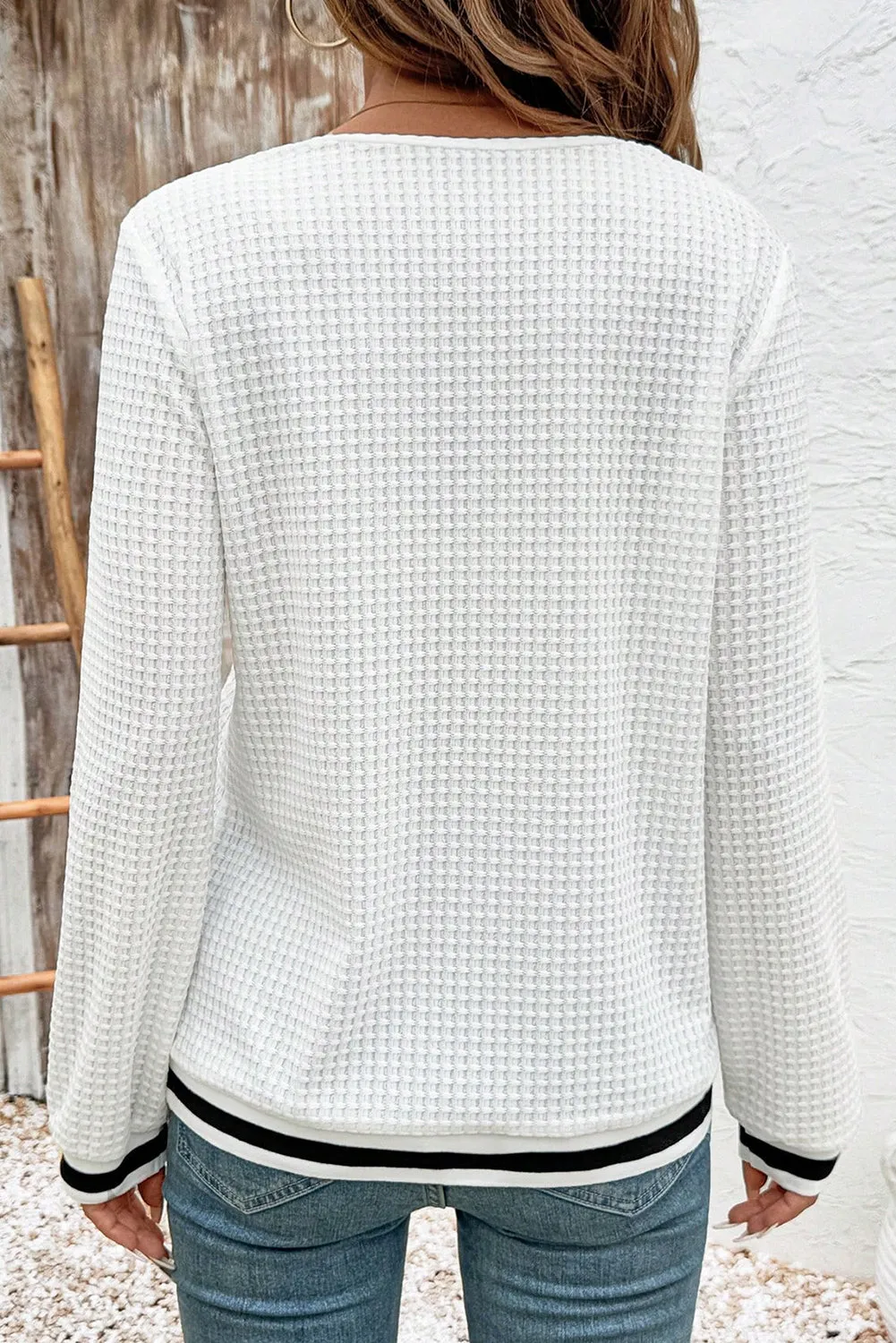 Textured Preppy Striped Trim V-Neck Pullover sold by Beagle Boutique product image thumbnail 2