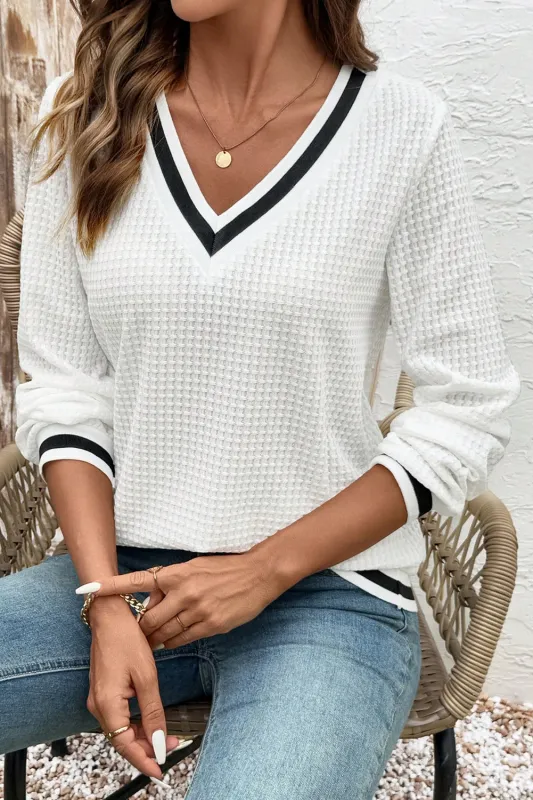 Textured Preppy Striped Trim V-Neck Pullover sold by Beagle Boutique