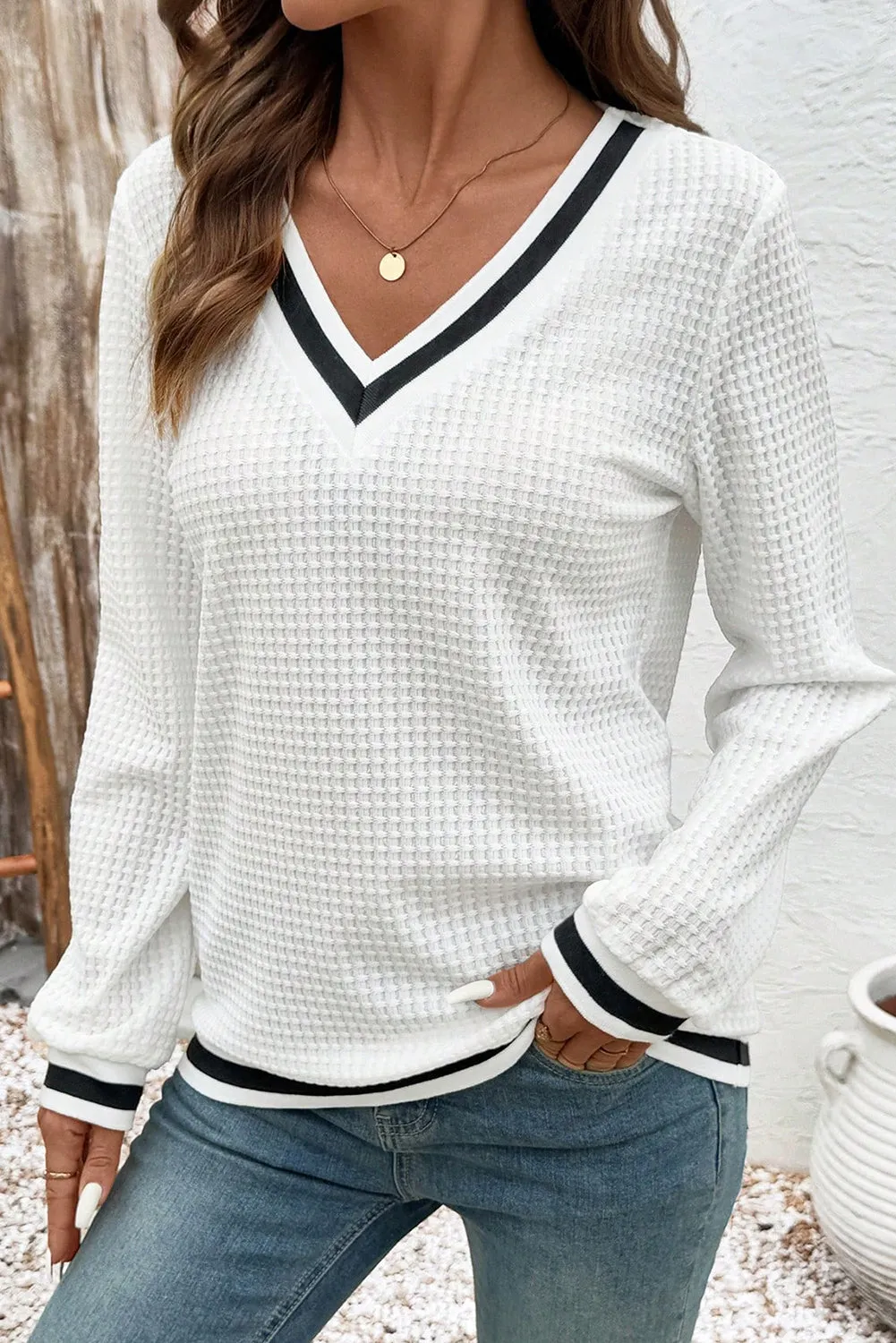 Textured Preppy Striped Trim V-Neck Pullover sold by Beagle Boutique product image thumbnail 3