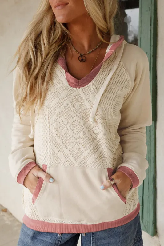 Contrast Trim Crochet Knit Exposed Seam Hoodie sold by Beagle Boutique