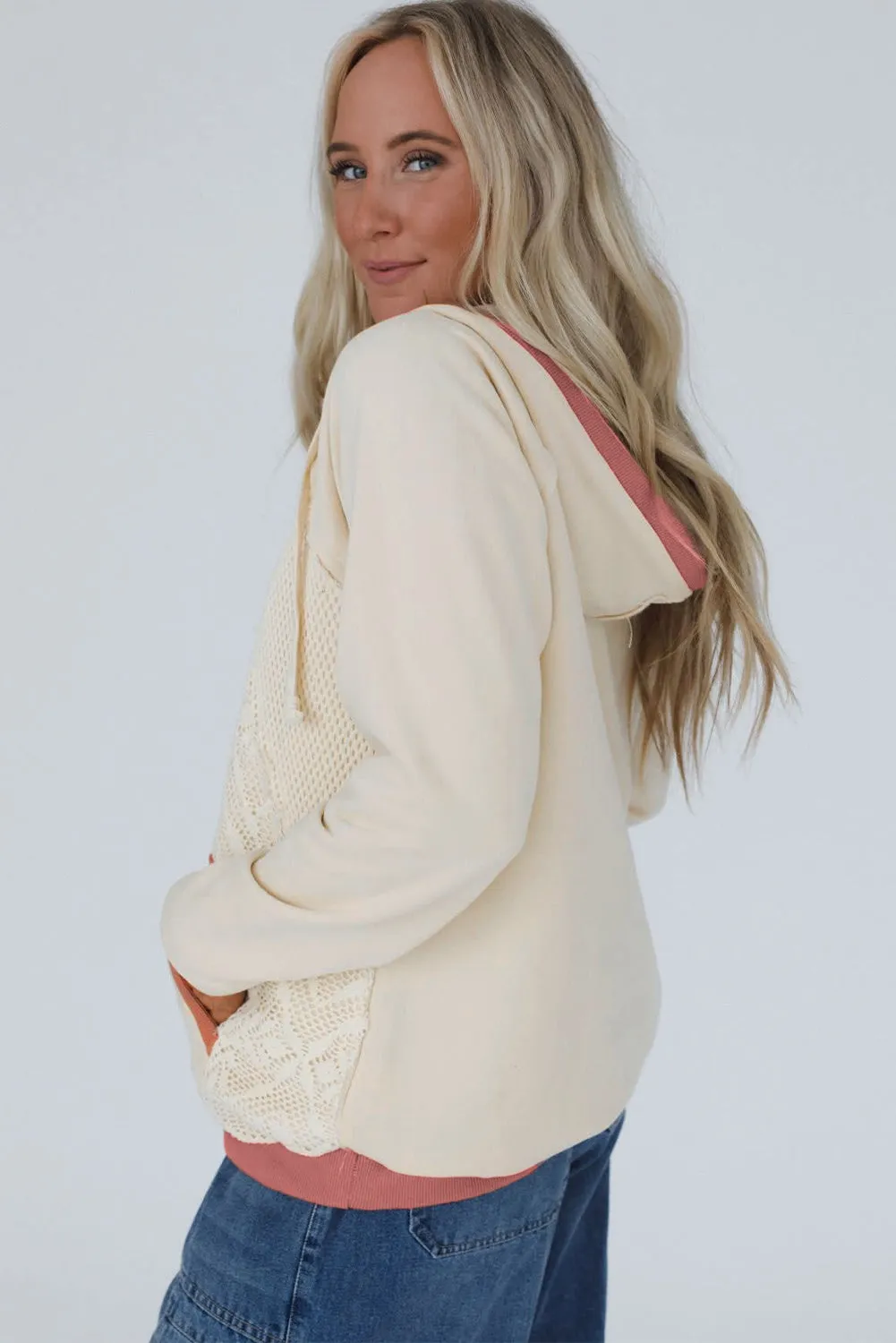Contrast Trim Crochet Knit Exposed Seam Hoodie sold by Beagle Boutique product image thumbnail 3