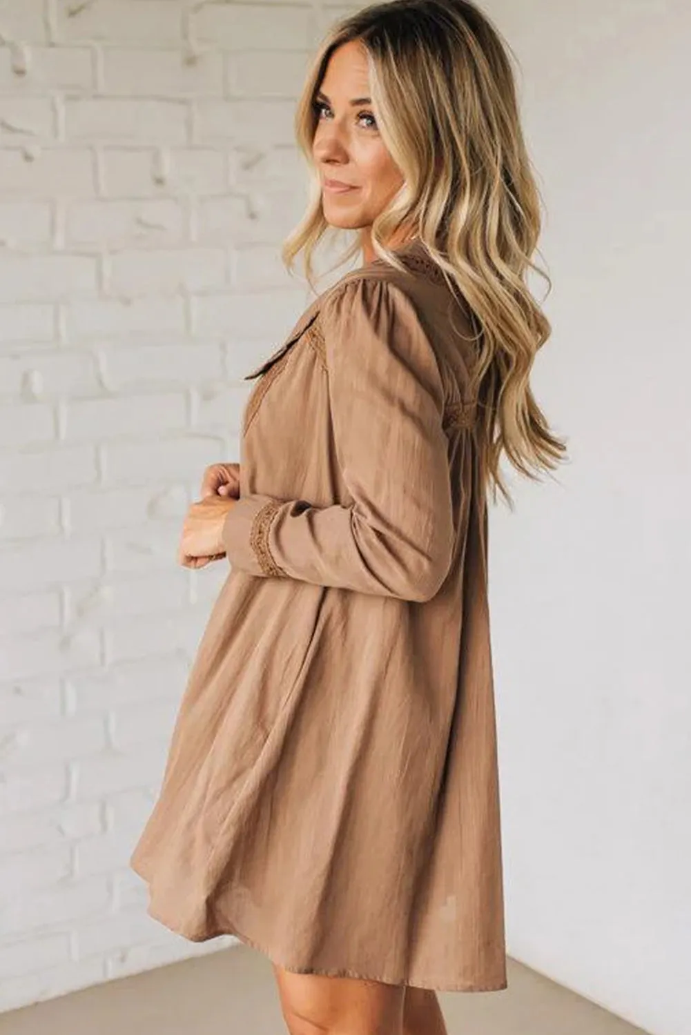 Lace Trim Peter Pan Collar Long Sleeve Mini Shirt Dress sold by Beagle Boutique product image thumbnail 3