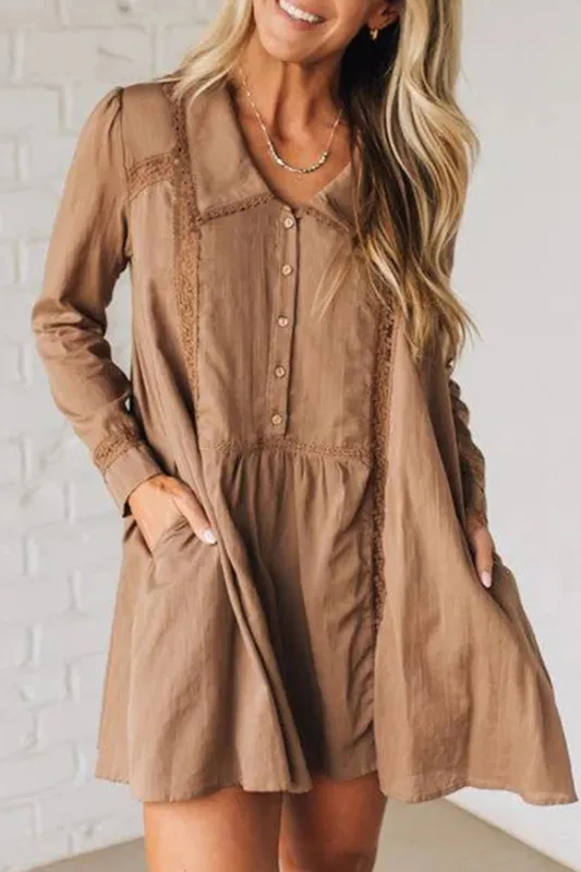 Lace Trim Peter Pan Collar Long Sleeve Mini Shirt Dress sold by Beagle Boutique