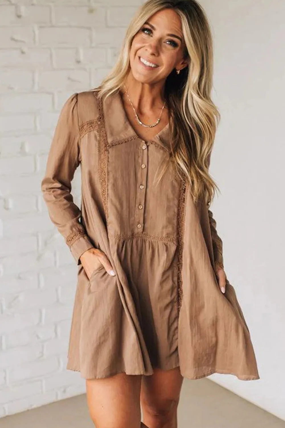 Lace Trim Peter Pan Collar Long Sleeve Mini Shirt Dress sold by Beagle Boutique product image thumbnail 5