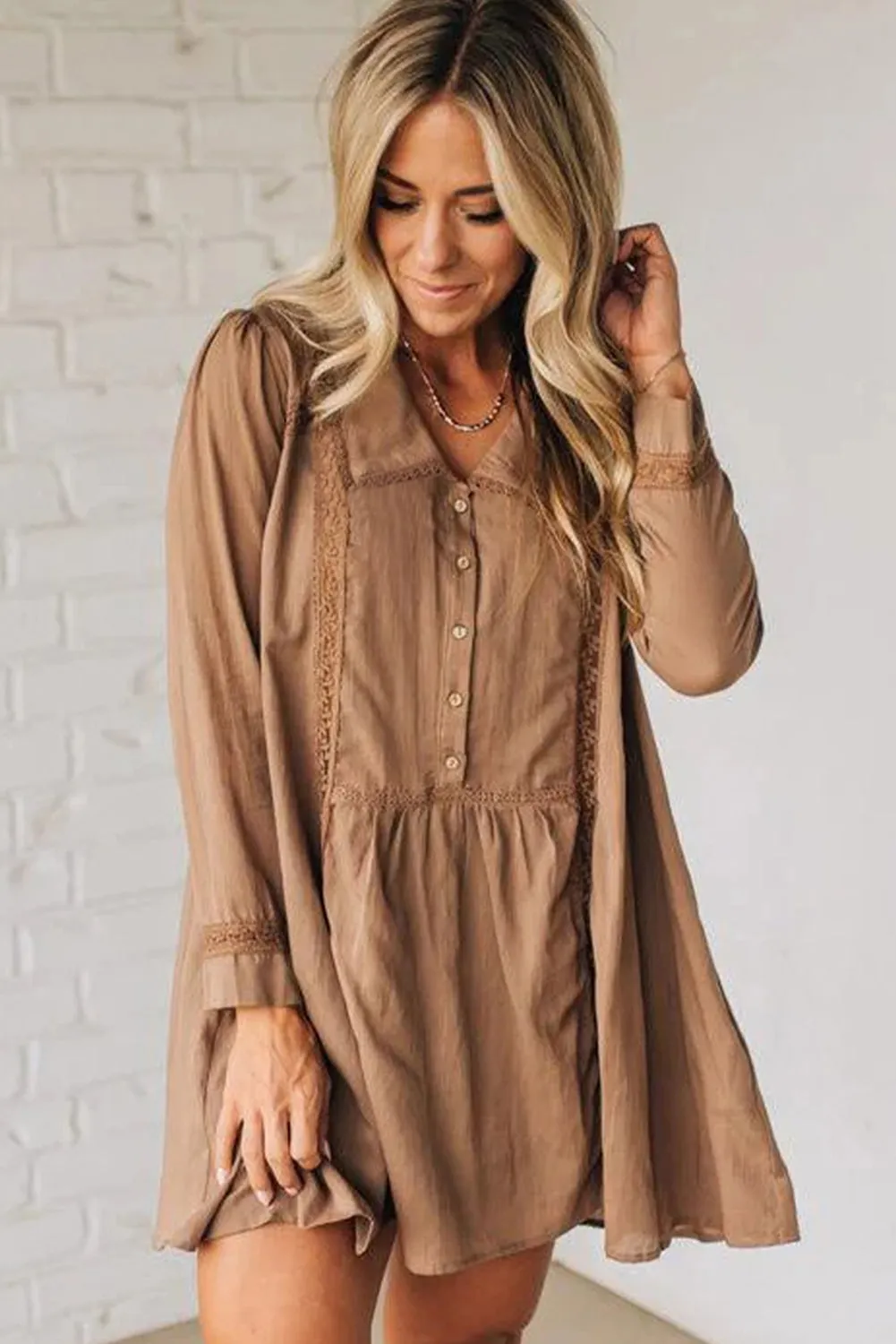 Lace Trim Peter Pan Collar Long Sleeve Mini Shirt Dress sold by Beagle Boutique product image thumbnail 4