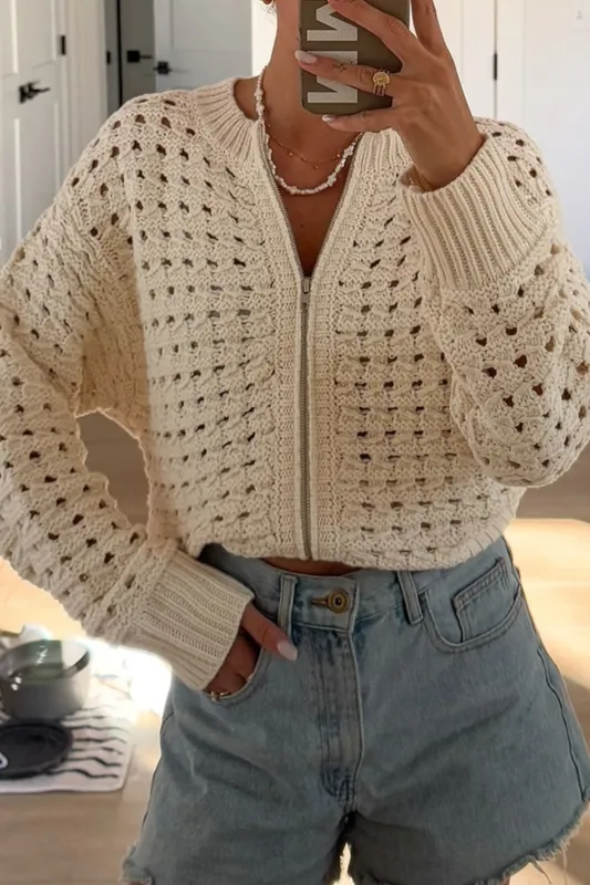 Beige Hollowed Knit Zip-Up Drop Shoulder Cardigan sold by Beagle Boutique