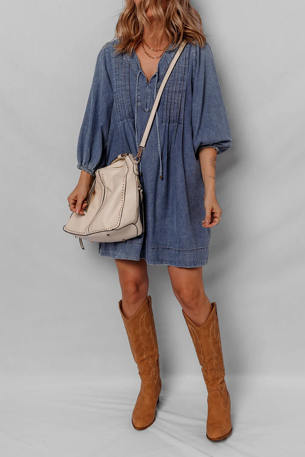 3/4 Sleeve Tied V-Neck Pleated Denim Mini Dress sold by Beagle Boutique product image thumbnail 5
