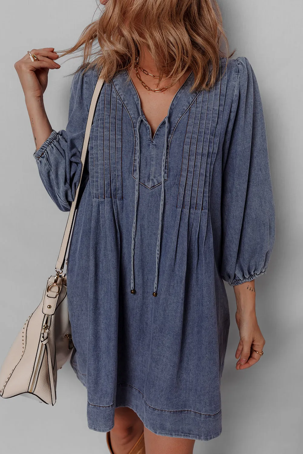 3/4 Sleeve Tied V-Neck Pleated Denim Mini Dress sold by Beagle Boutique product image thumbnail 3