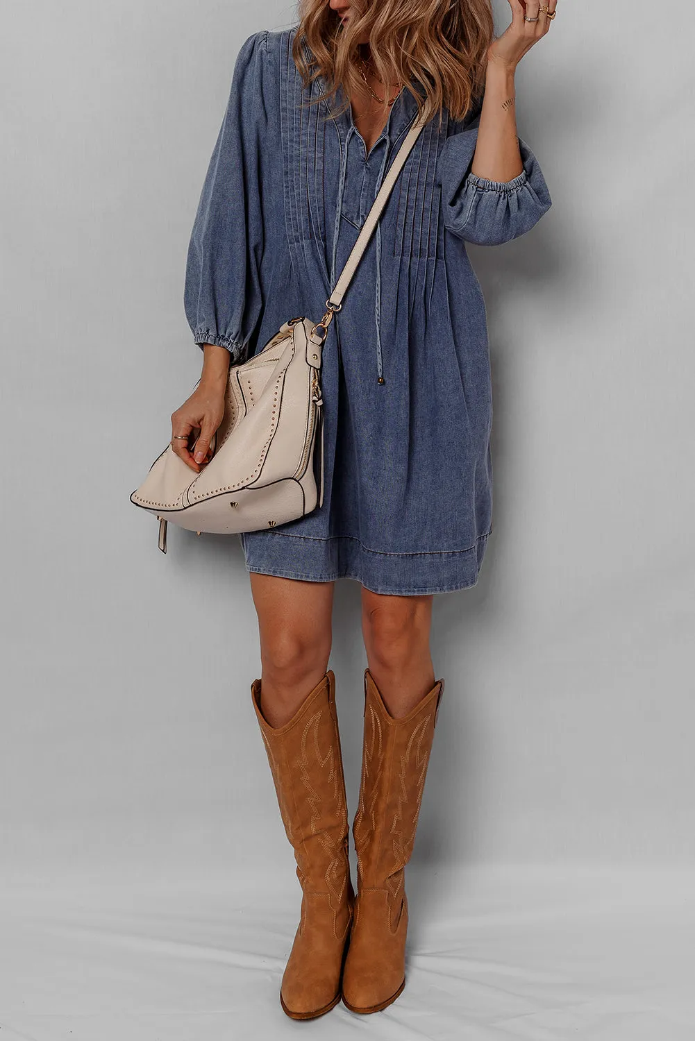 3/4 Sleeve Tied V-Neck Pleated Denim Mini Dress sold by Beagle Boutique product image thumbnail 4